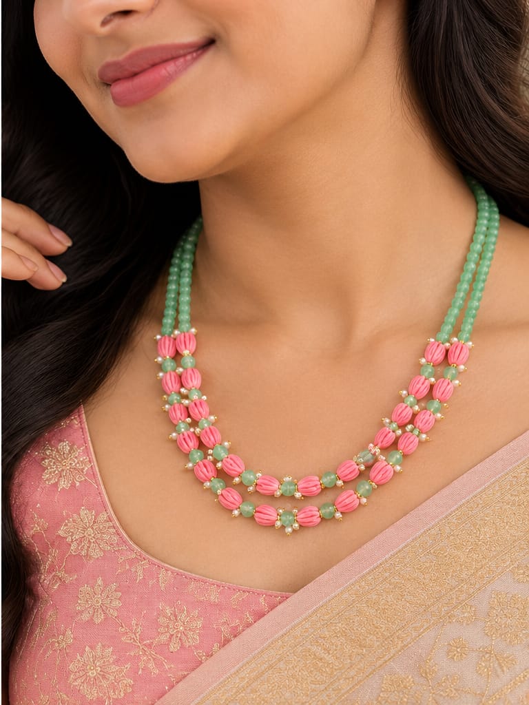 Elegant Green & Pink Beaded Necklace