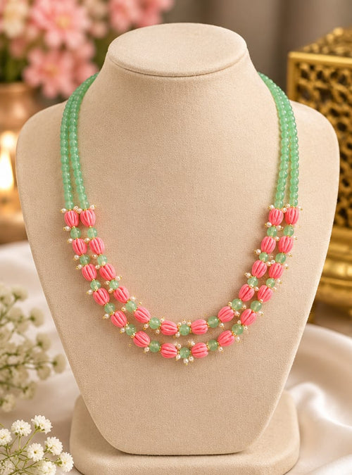 Elegant Green & Pink Beaded Necklace