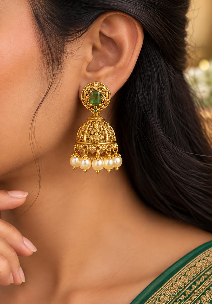 Elegant Green Stone Jhumka Earrings