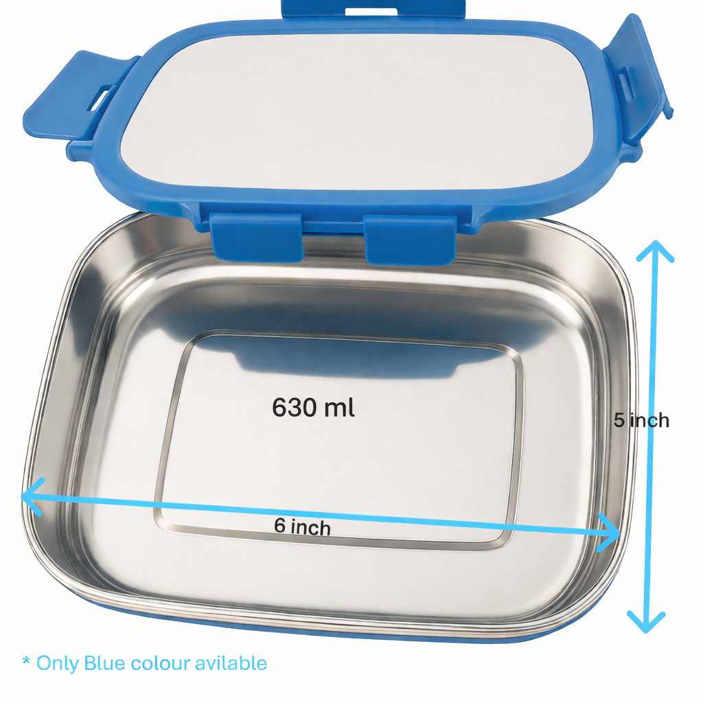 Plain Stainless Steel Lunch Box – 630 ml (Only Blue Colour Available)